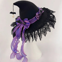 Women's Gothic Lolita Witch Hat – Halloween Cosplay Accessory with Lace, Ribbon Bows & Bat Charm