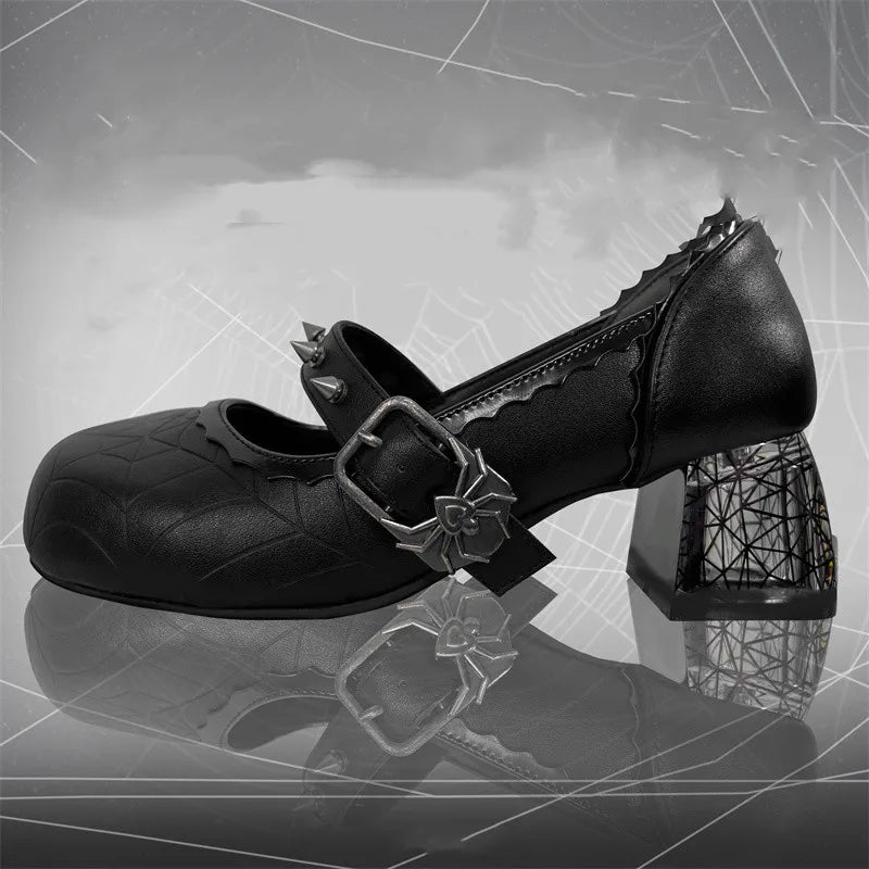 Women’s Gothic Mary Jane Shoes – Retro Dark Style Block Heel with Spider Web Print, Spiked Strap & Spider Buckle