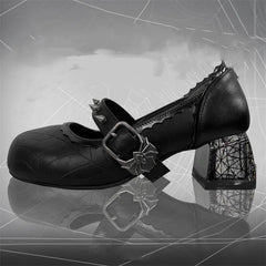 Women’s Gothic Mary Jane Shoes – Retro Dark Style Block Heel with Spider Web Print, Spiked Strap & Spider Buckle