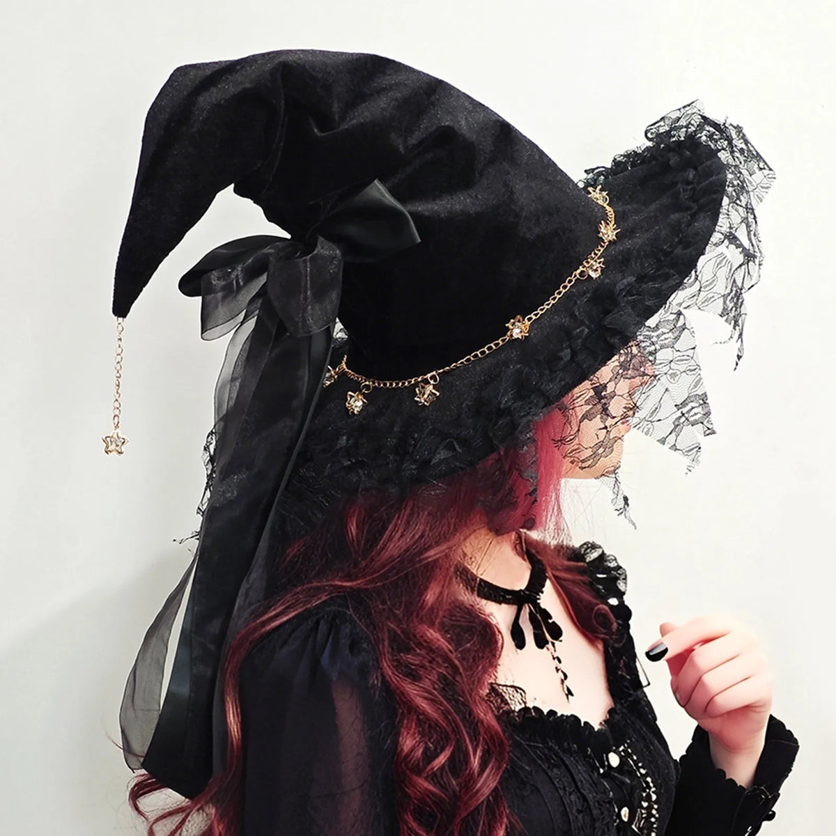 Gothic Witch Hat – Halloween Cosplay Wizard Hat with Wide Brim, Lace Trim
