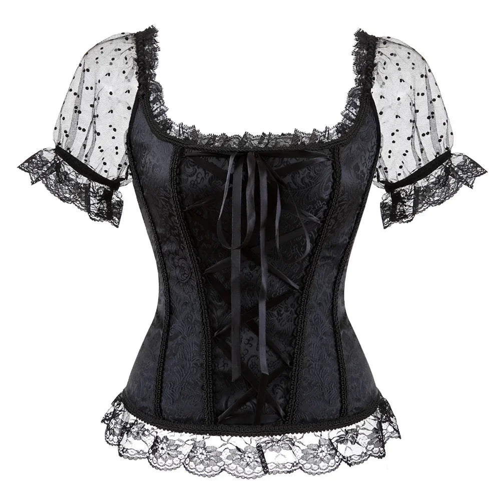 Women’s Lace-Embroidered Off-Shoulder Overbust Corset Blouse – Victorian Renaissance Fantasy Bustier Top
