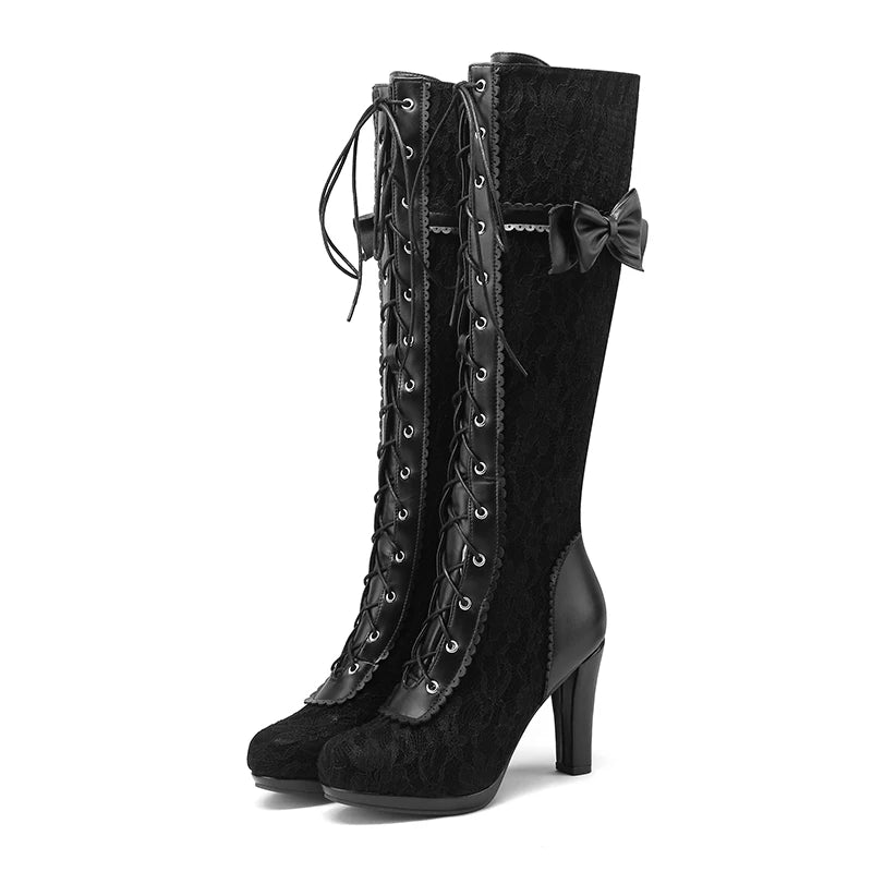 Women’s Vintage Victorian Lace-Up Knee-High Boots – High Heel Gothic Cosplay Shoes with Bow